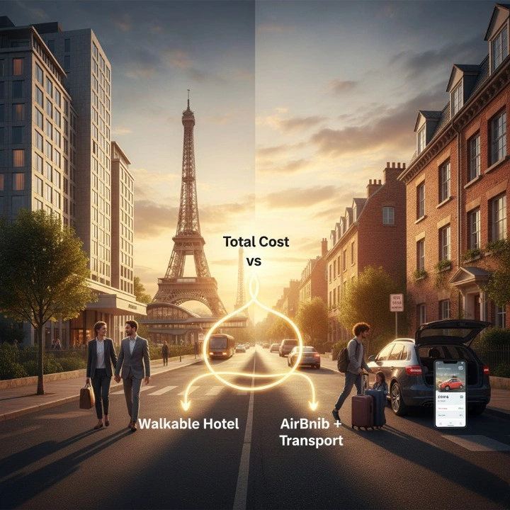 A professional split-screen photograph contrasting a luxury hotel in a busy city center with a charming, quiet Airbnb apartment located in a green suburban neighborhood.