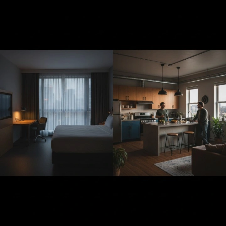 A realistic split-screen photograph showing a comparison between a compact, modern hotel room with a neatly made bed and a spacious, multi-room Airbnb apartment featuring a living area and kitchenette.