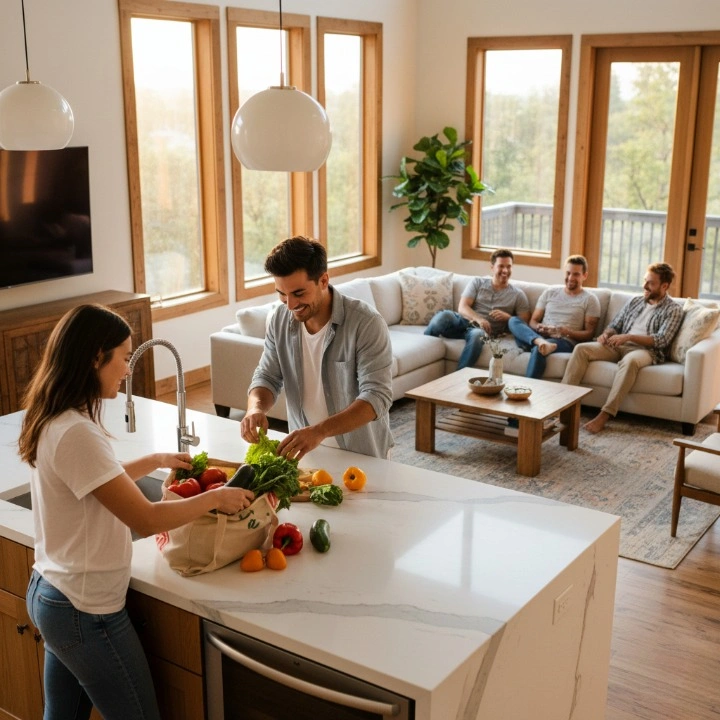 A realistic lifestyle photo of a family gathered in a bright, spacious Airbnb apartment featuring a large living area and a modern kitchen with groceries on the counter.
