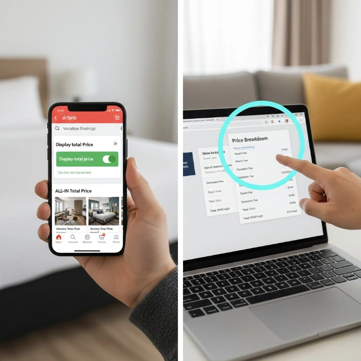 A realistic, high-resolution photograph of a traveler’s hands using a laptop to compare travel booking prices.