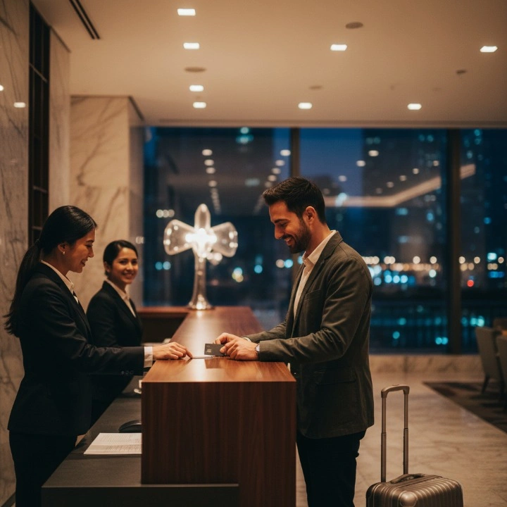 A realistic, high-resolution photograph of a solo male traveler standing at a modern hotel front desk, checking in with a professional receptionist in a brightly lit, contemporary lobby.