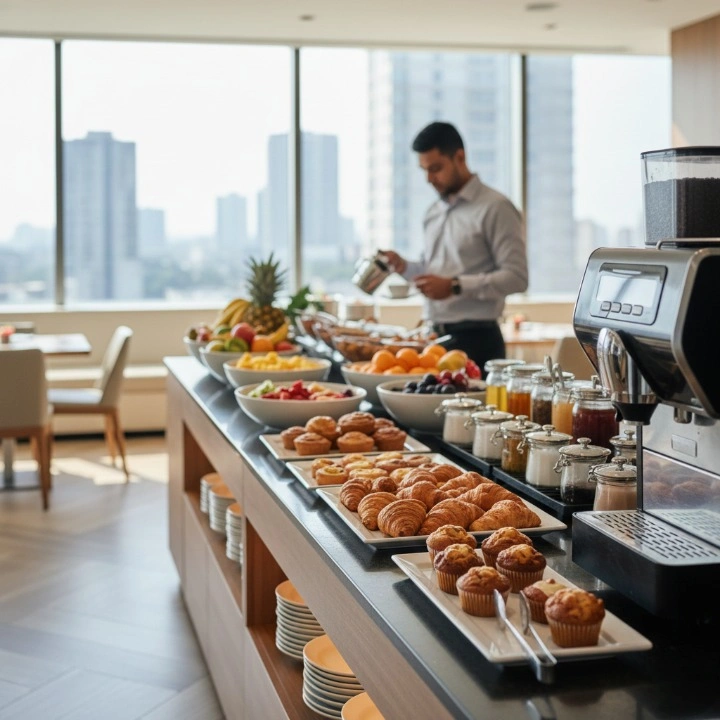 A realistic, high-resolution photograph of a modern hotel breakfast buffet featuring fresh pastries, fruit platters, and a professional espresso machine in a sunlit dining room.