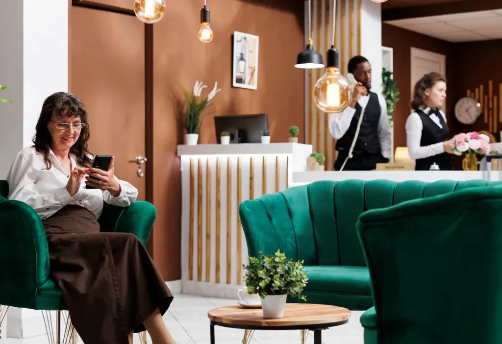 Traveler booking a hotel online and earning points toward free hotel stays.