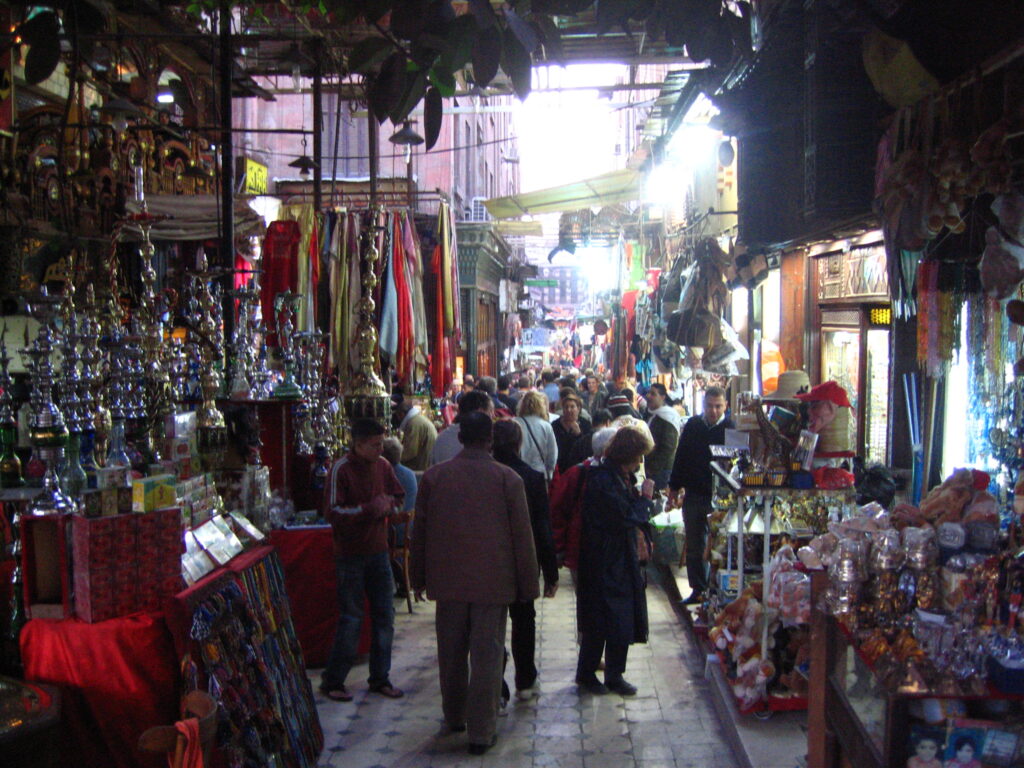 The vibrant alleys and bustling market stalls of Khan El Khalili in Cairo, a must-visit destination in this Egypt travel guide.