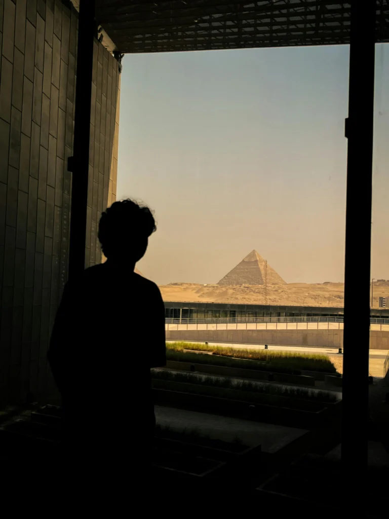 Grand Egyptian Museum café overlooking the pyramids
