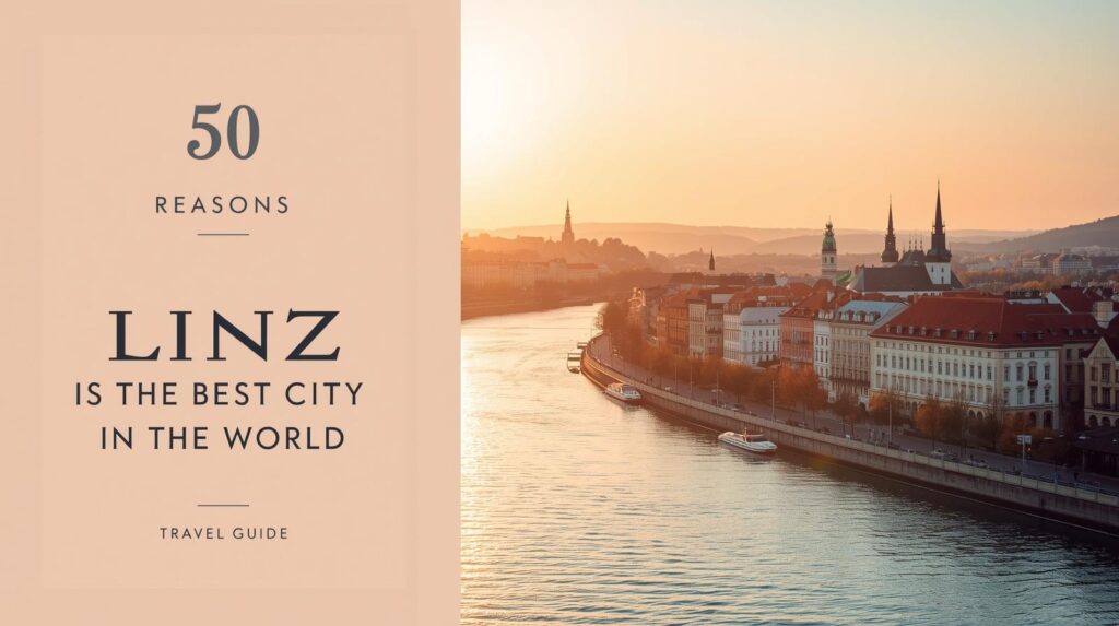 Linz Austria travel guide featured image showing Danube promenade and city skyline at sunset.