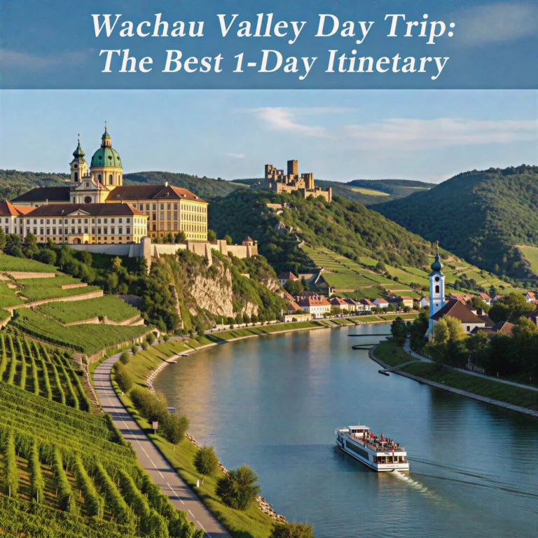 The yellow facade of Melk Abbey on a cliff overlooking the Danube River, a top highlight of a Wachau Valley day trip.