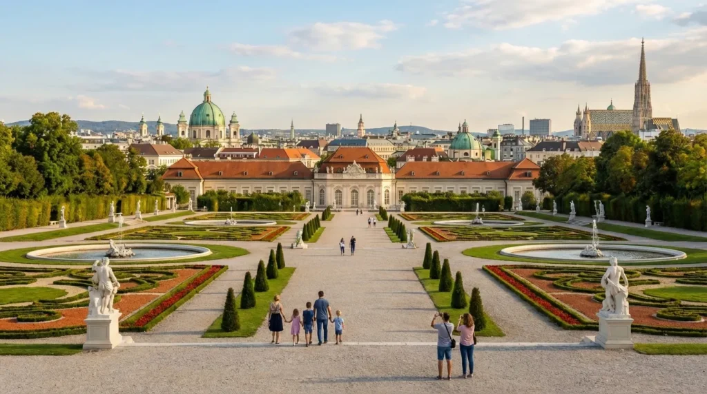 Elegant tiered gardens at Belvedere Palace with a view of the city skyline, a must-see for free things to do in Vienna.