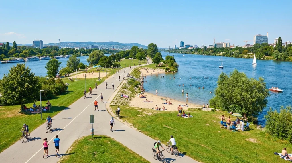 Green paths and river views at Danube Island, a popular outdoor spot for free things to do in Vienna