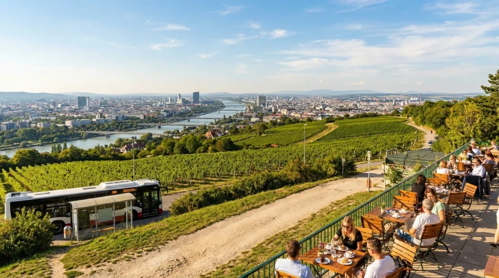 A panoramic view from Kahlenberg hill overlooking the Danube River and the city, one of the best free things to do in Vienna