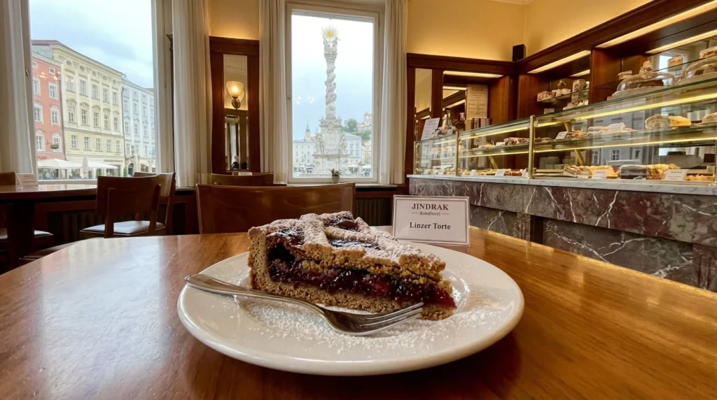 Slice of traditional Linzer Torte at Jindrak Confectionery.