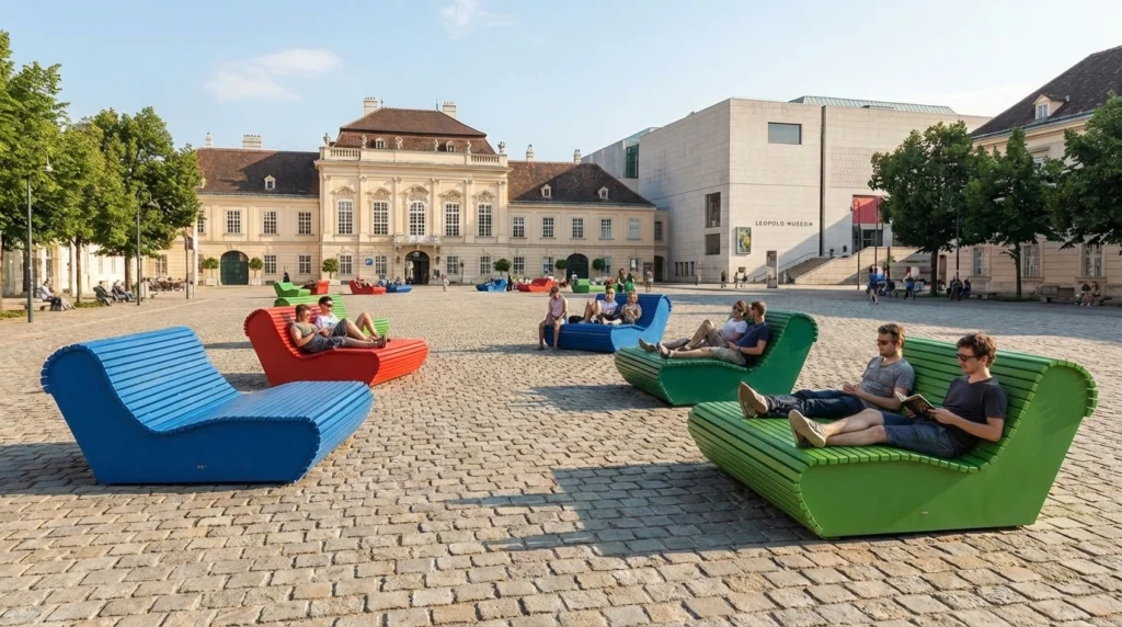 People relaxing on colorful modern benches in the courtyards of the MuseumsQuartier, part of free things to do in Vienna