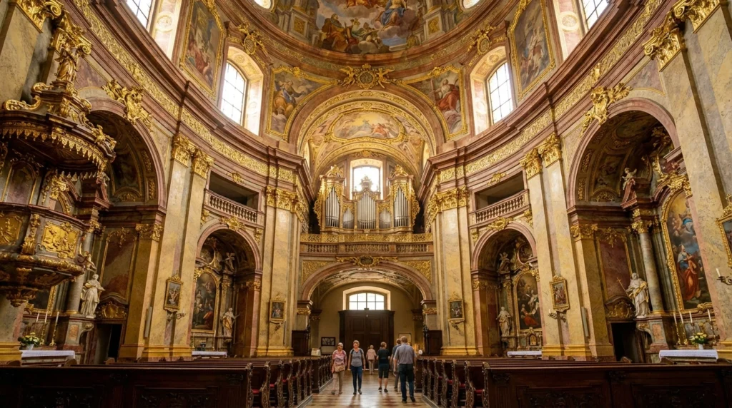 The ornate green dome and golden interior of St. Peter's Church, a hidden gem for travelers seeking free things to do in Vienna.