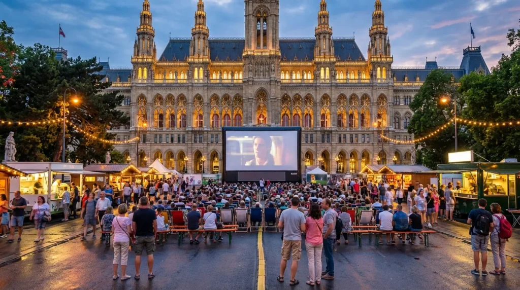 The grand Vienna City Hall building and the open event square, a central hub for free things to do in Vienna