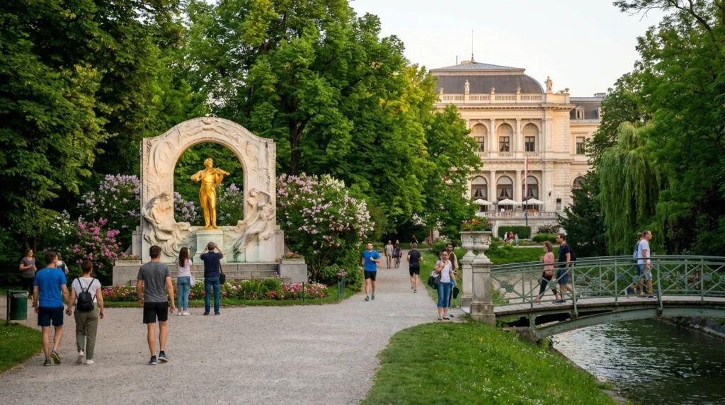 The famous golden statue of Johann Strauss surrounded by greenery, a classic stop for free things to do in Vienna