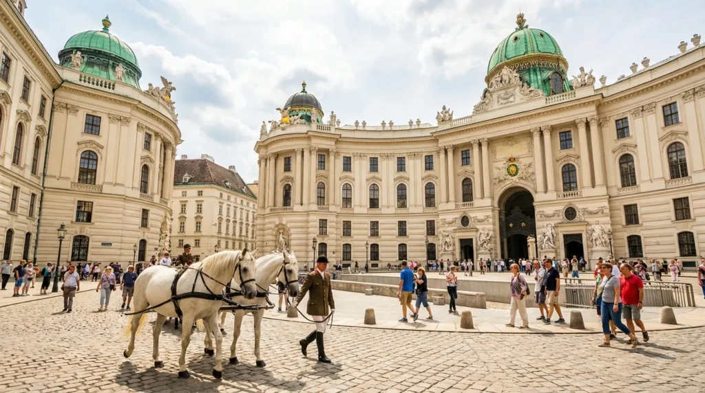 The massive courtyards and green domes of the Hofburg Imperial Palace, perfect for travelers seeking free things to do in Vienna 2026.