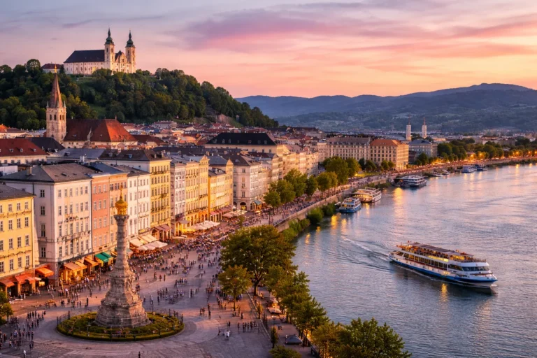 Panoramic view of Linz city center along the Danube River at sunset, showing tourists walking around the main square and sightseeing, illustrating the best things to do in Linz for travelers visiting the historic downtown area.