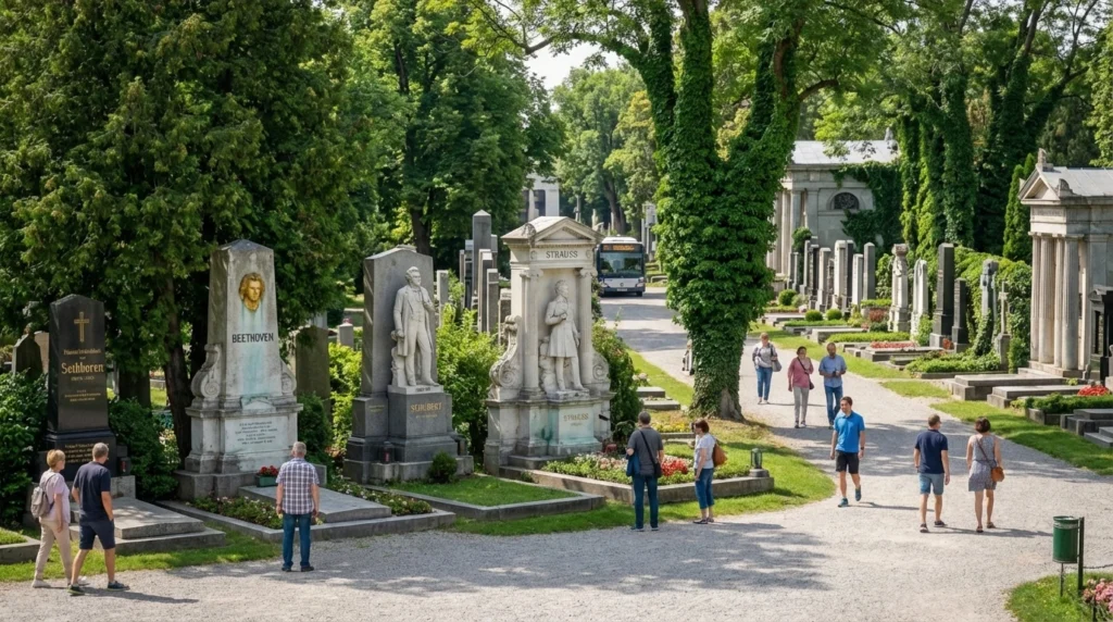 The peaceful and historic graves of famous composers at the Central Cemetery, a unique choice for free things to do in Vienna
