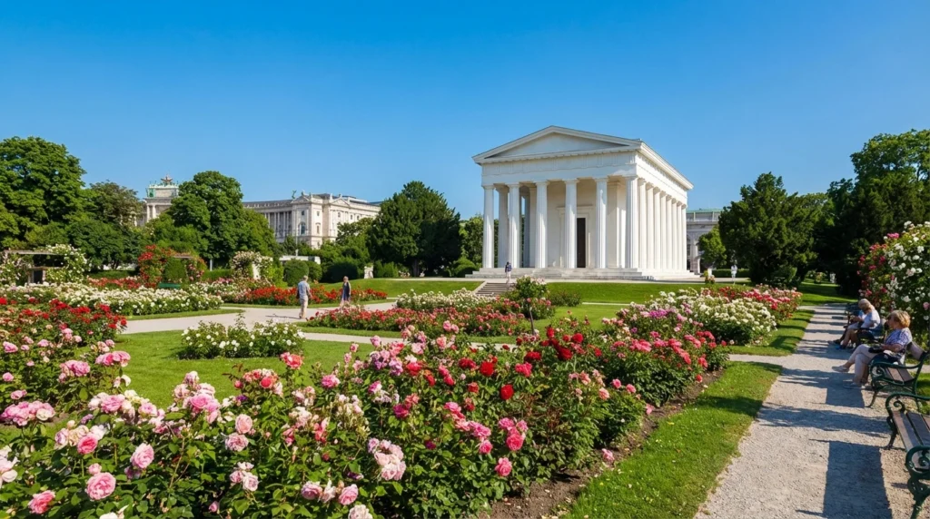 A blooming rose garden in front of the white Theseus Temple, a beautiful addition to free things to do in Vienna