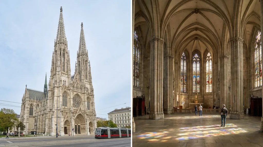 The detailed twin towers of the Votive Church against a blue sky, an architectural highlight for free things to do in Vienna