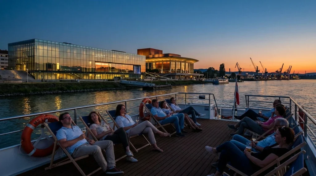 Linz Harbor Cruise on the Danube River – architecture and skyline views during a guided tour in Linz in 2026