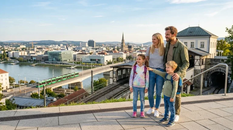 A happy family exploring Linz for the activities and best things to do in Linz with kids.