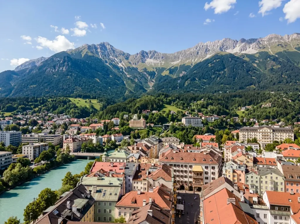 Panoramic view of Innsbruck showing the best areas of Innsbruck for travelers to stay and enjoy their Innsbruck itinerary.
