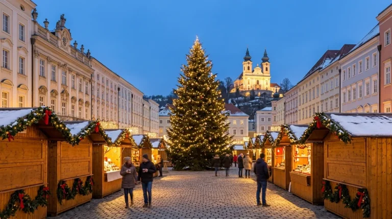 Traditional wooden huts and festive lights at a Linz Christmas market, highlighting the top-rated holiday areas and winter events in 2026.