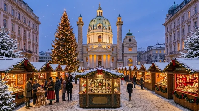One of the best Christmas markets in Vienna, featuring traditional wooden stalls and festive holiday decorations for the 2026 season.