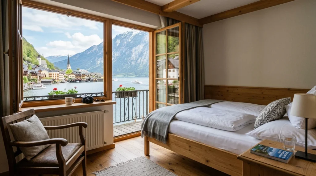 Cozy hotel room in Hallstatt with a view of Lake Hallstatt and the Alpine mountains through the window.