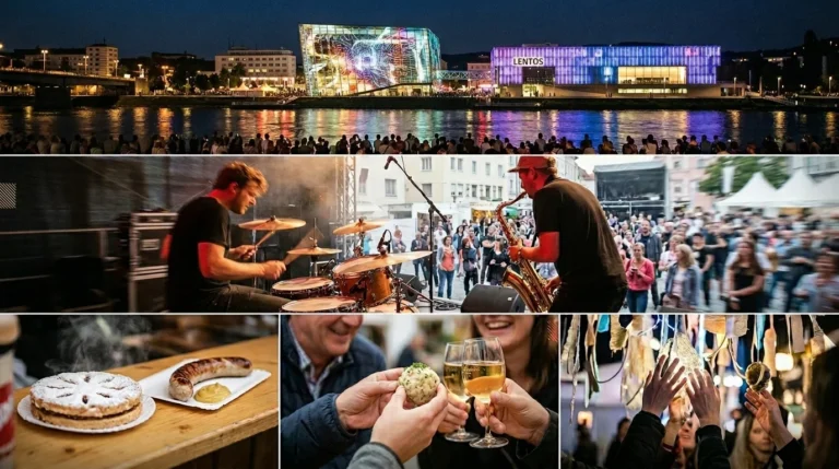 A collage of major 2026 Linz events, including the Ars Electronica light show, street performers at Pflasterspektakel, and the Linz Marathon, representing the city's full festival calendar.