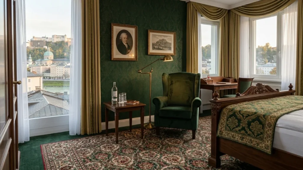 Cozy, traditional Austrian-style bedroom in a Salzburg hotel with white linens and mountain views.