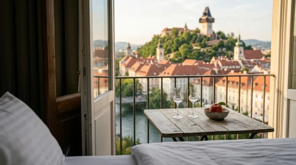 Modern hotel room interior with a king-size bed and minimalist design, showing a top choice for where to stay in Graz in 2026.
