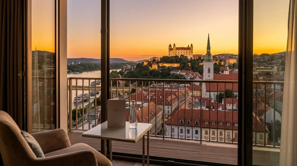 A clean, minimalist hotel room in a trendy district, perfect for business or budget travelers looking for the best areas where to stay in Bratislava
