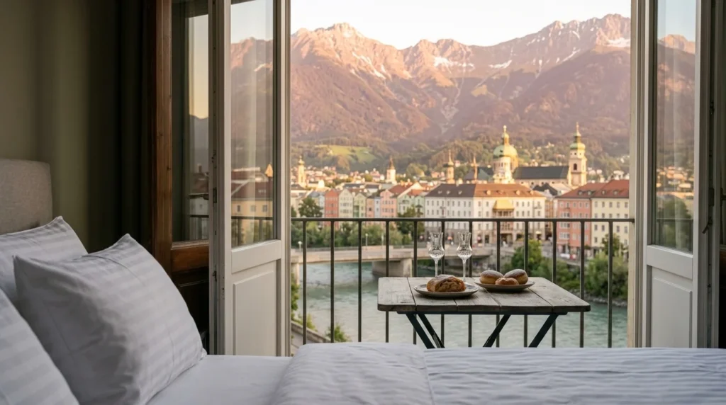 A traditional Tyrolean-style boutique hotel room with mountain views, perfect for travelers deciding where to stay in Innsbruck in 2026.
