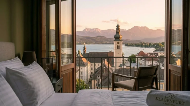 A clean and contemporary hotel room in Klagenfurt, representing the best areas and hotels for travelers looking where to stay in Klagenfurt.