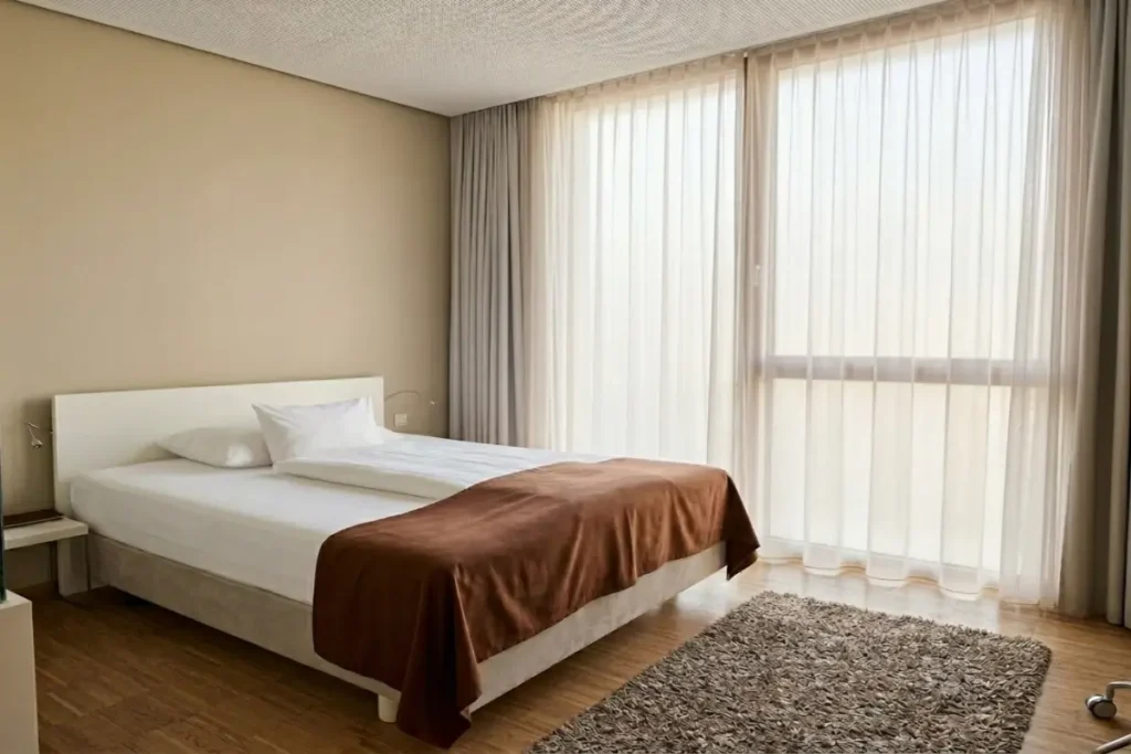 A sleek, modern hotel room with minimalist design at Hotel am Domplatz in Linz.