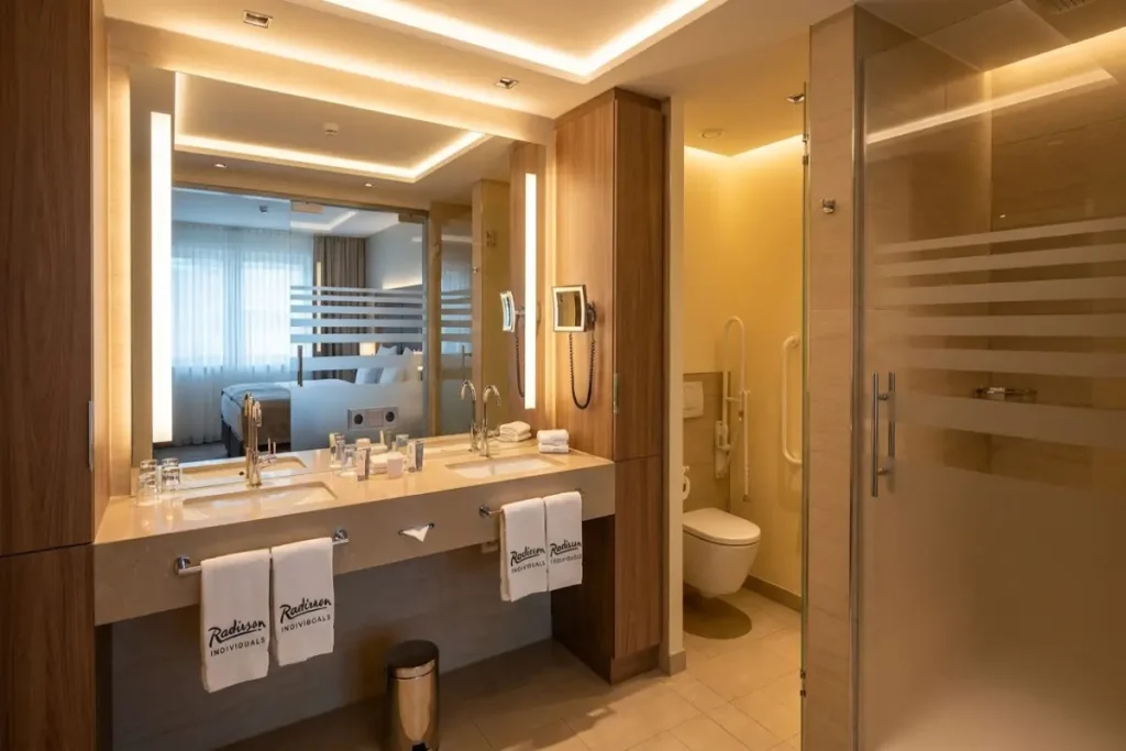 A luxurious and modern hotel bathroom at Hotel Schillerpark Linz featuring double sinks, large illuminated mirrors, wood cabinetry, and a glass shower stall.