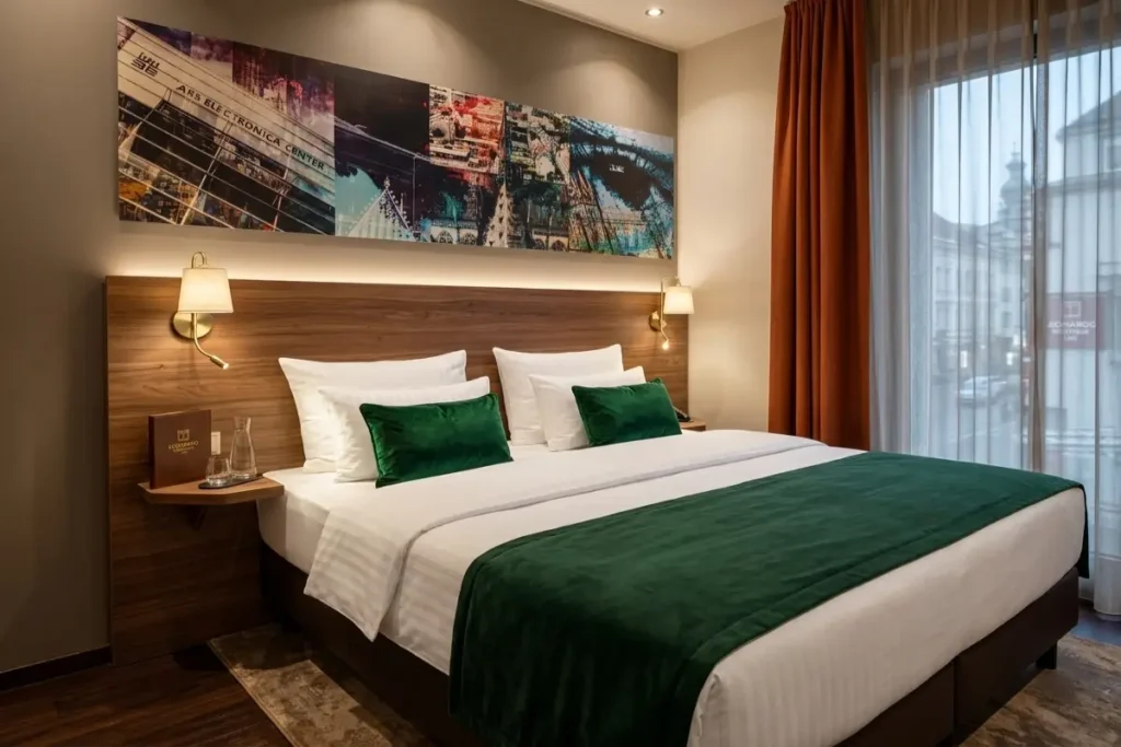 A simple, clean, and modern guest room at Leonardo Boutique Hotel Linz City Center.