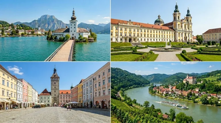 A collection of iconic places to visit near Linz, including the lakeside village of Hallstatt, the Enns town tower, and the historic architecture of Steyr.