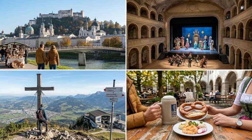 A vibrant collage of the best things to do in Salzburg 2026, including the Hohensalzburg Fortress, Mirabell Gardens, and Mozart’s Birthplace in the historic Altstadt.