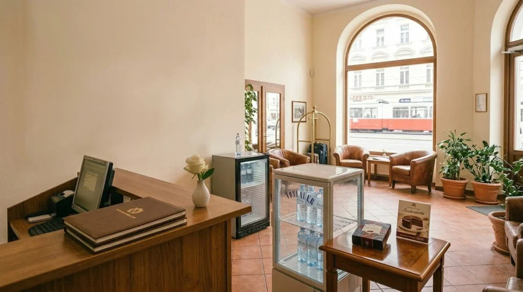 Reception and lobby area of a budget hotel in Vienna for travelers planning to stay in Vienna on a budget
