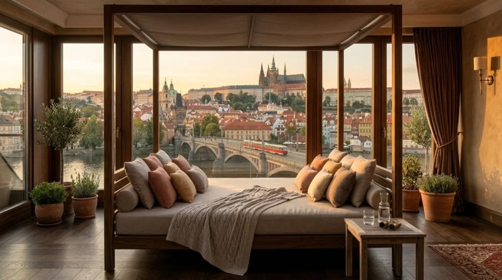 Historic buildings and luxury hotel in the Prague Old Town, highlighting the best central areas where to stay in Prague for 2026.