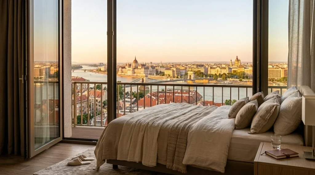 A cozy and well-designed guest room in District VIII, representing top-rated value hotels for travelers looking where to stay in Budapest on a budget.
