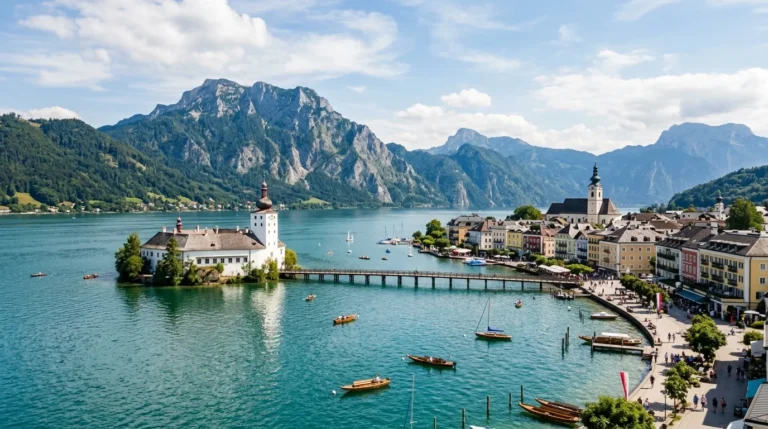 A wide view of the Gmunden lakeside esplanade and the colorful townhouses overlooking Lake Traunsee, a top destination near Hallstatt.