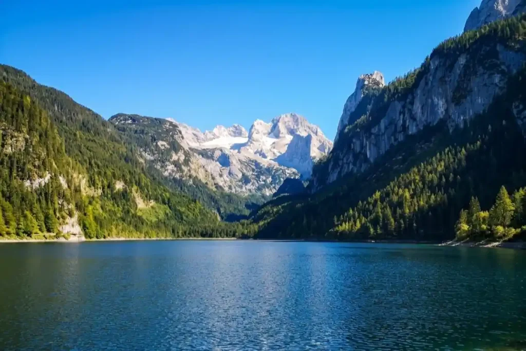Gosausee alpine lake surrounded by forests and the Dachstein mountains in Austria.