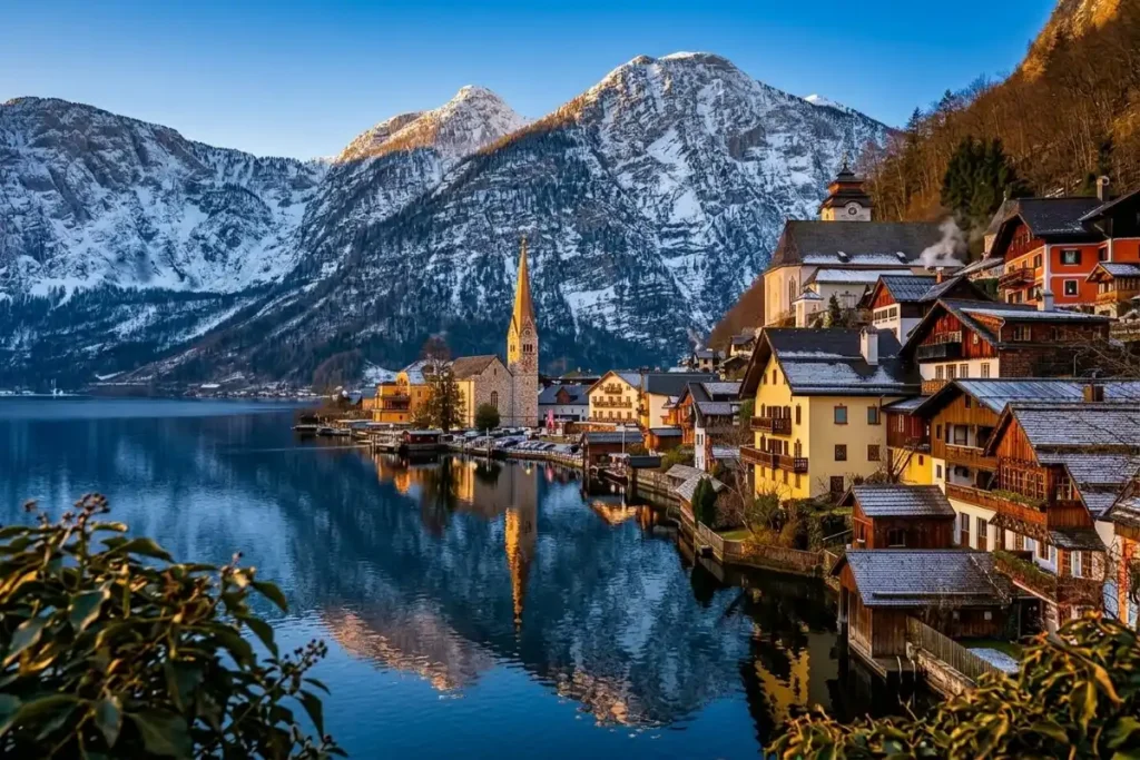 Classic panoramic view of Hallstatt with traditional houses, the church spire, Lake Hallstatt, and surrounding mountains.