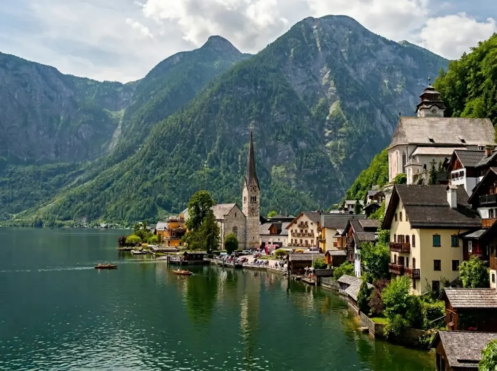 Panoramic view of Hallstatt village and lake surrounded by Alpine mountains