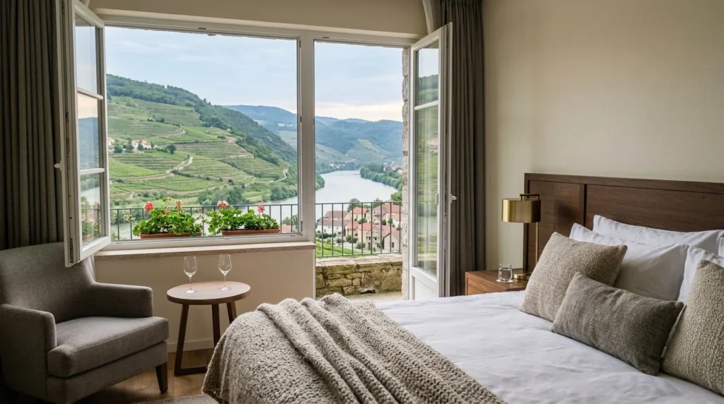 A cozy, modern hotel room in the Wachau Valley featuring traditional Austrian decor and views of the Danube riverfront, a top choice for where to stay in Wachau Valley.