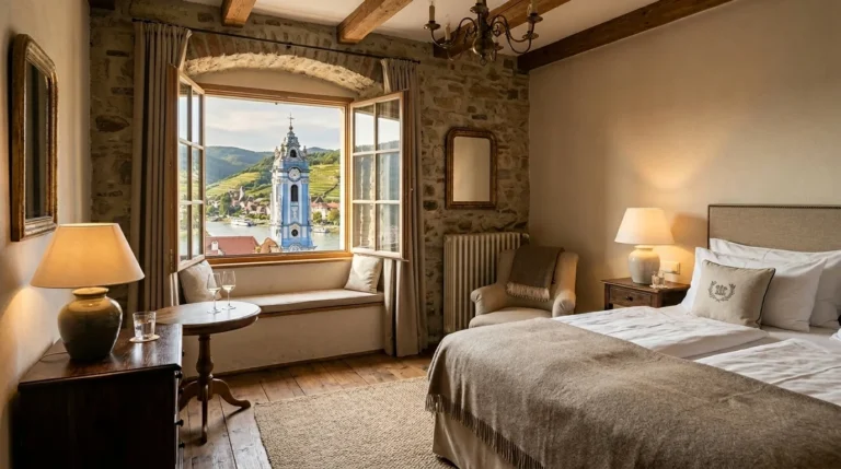 A romantic hotel room in Dürnstein overlooking the Danube River and the blue Abbey tower, a top-rated place to stay in the Wachau Valley